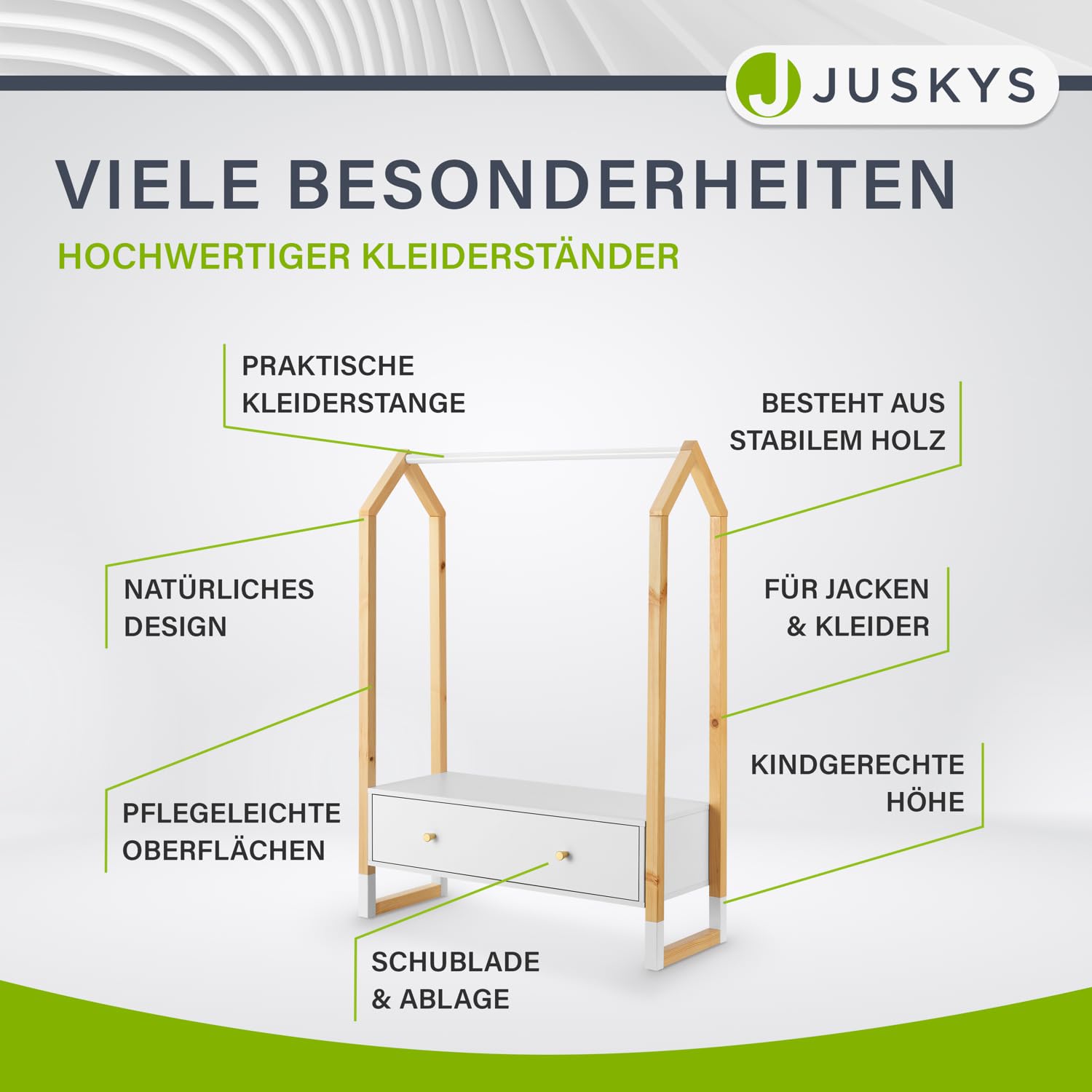 Juskys Kinder Kleiderständer Filla - große Schublade, Kleiderstange, offener Ständer - Kindergarderobe aus Holz - Mädchen & Jungs - Garderobe Weiß