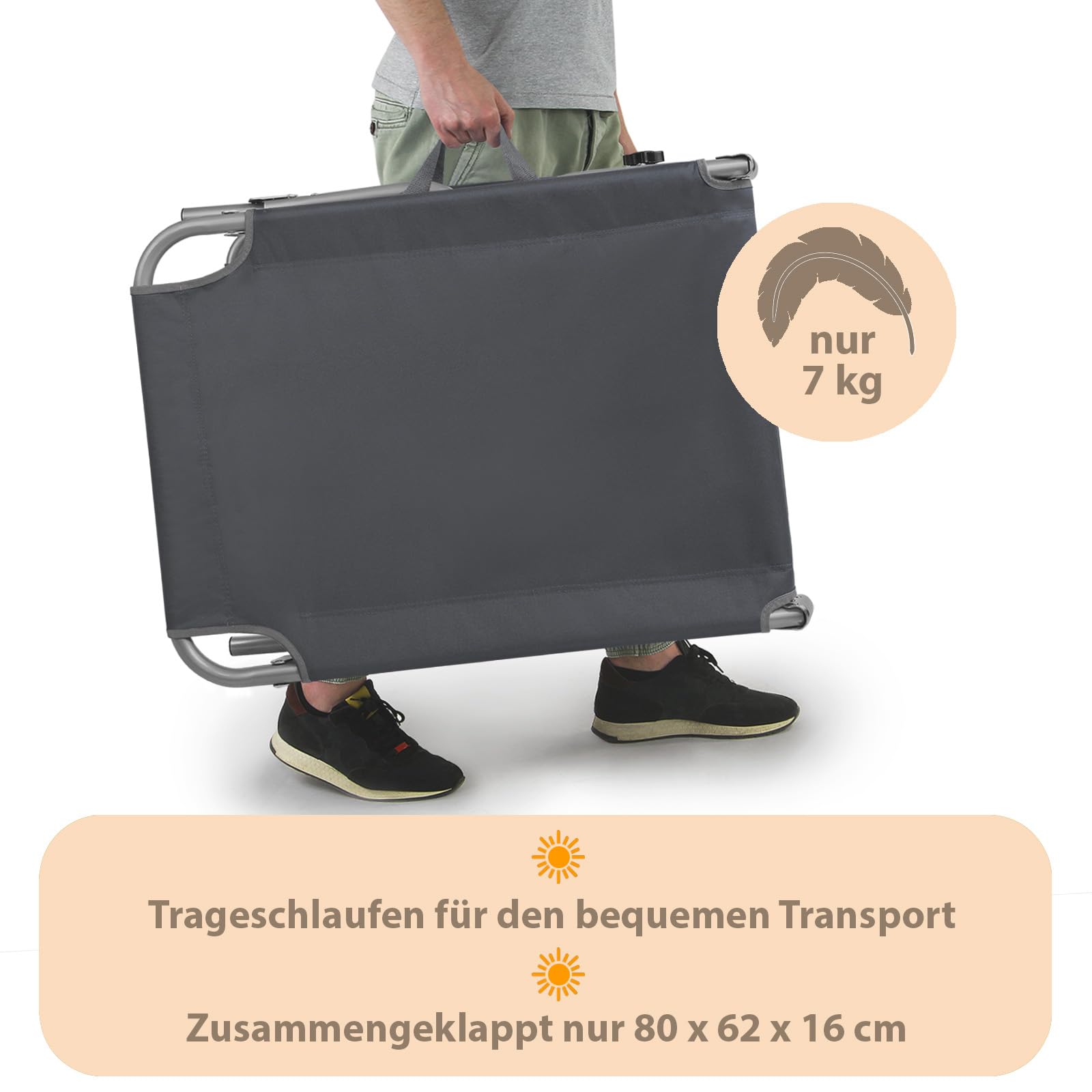 Montafox Sonnenliege klappbar 195 x 60 x 34 cm tragbarer Liegestuhl bis 150 kg mit Sonnendach Verstellbarer Rückenlehne für Garten Pool Terrasse Strand, Farbe:grau