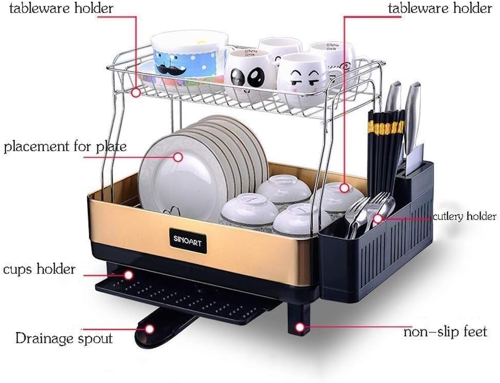 Drain Rack Kitchen Dish Drainer Simple Kitchen Compact Steel Frame Dish Rack with Swivel -Proof Stainless, Grey Plastic