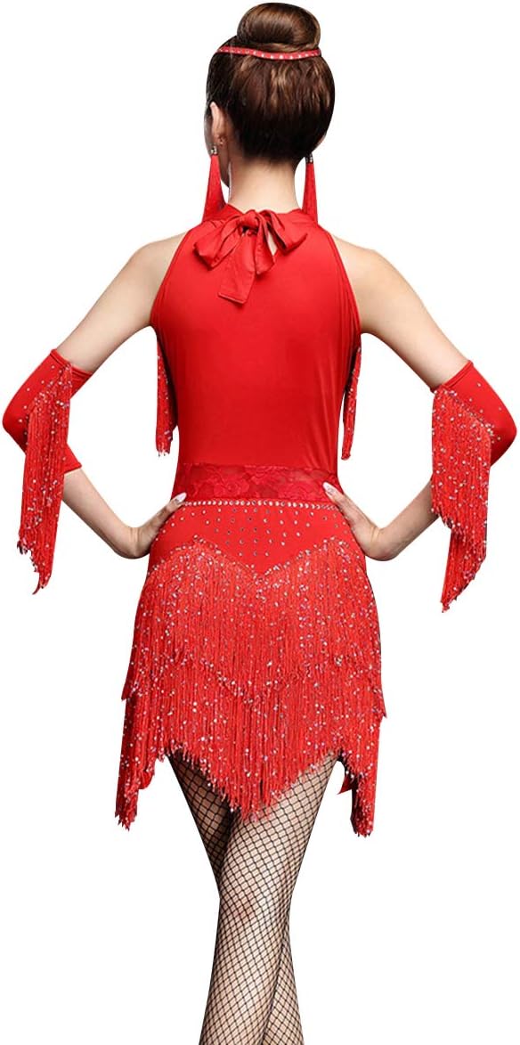 ZX Women's Dance Dress Rhinestone Sequin Fringe Flapper Party Dress Latin Salsa Ballroom Dancing 4 Pieces Outfits