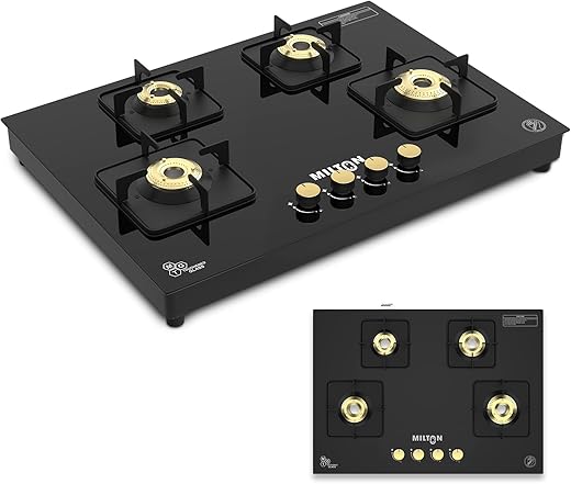 Milton Champion Top Hob Cooktop 4 Burners LPG Gas Stove | Manual Ignition | 8mm Toughened Glass Top | ISI Certified | 360 Degree Nozzle | Modern…