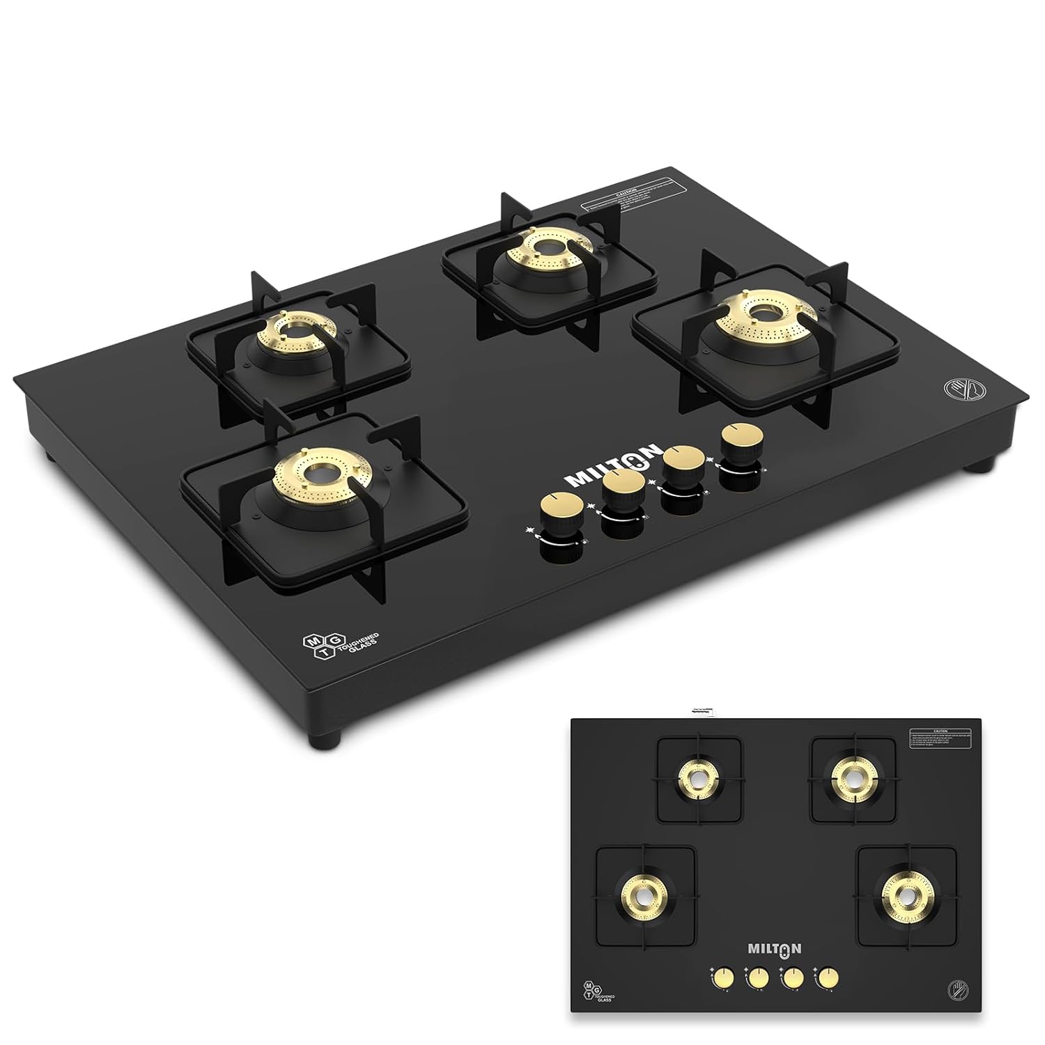 Milton Champion Top Hob Cooktop 4 Burners LPG Gas Stove | Manual Ignition | 8mm Toughened Glass Top | ISI Certified | 360 Degree Nozzle | Modern Premium Design | 1 Year Manufacturer’s Warranty -Black