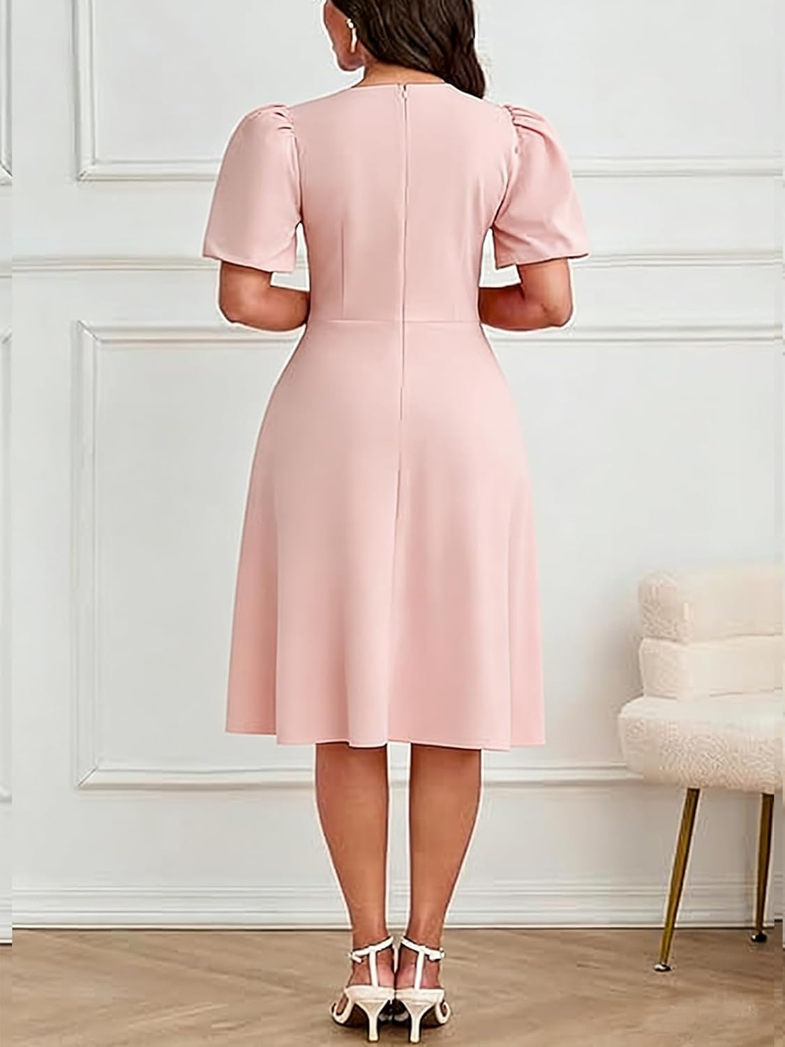 Cocktail Wedding Guest Formal Dress for Women Vintage Round Neck Short Sleeve and Flare Tea Party Midi Dresses - Image 4