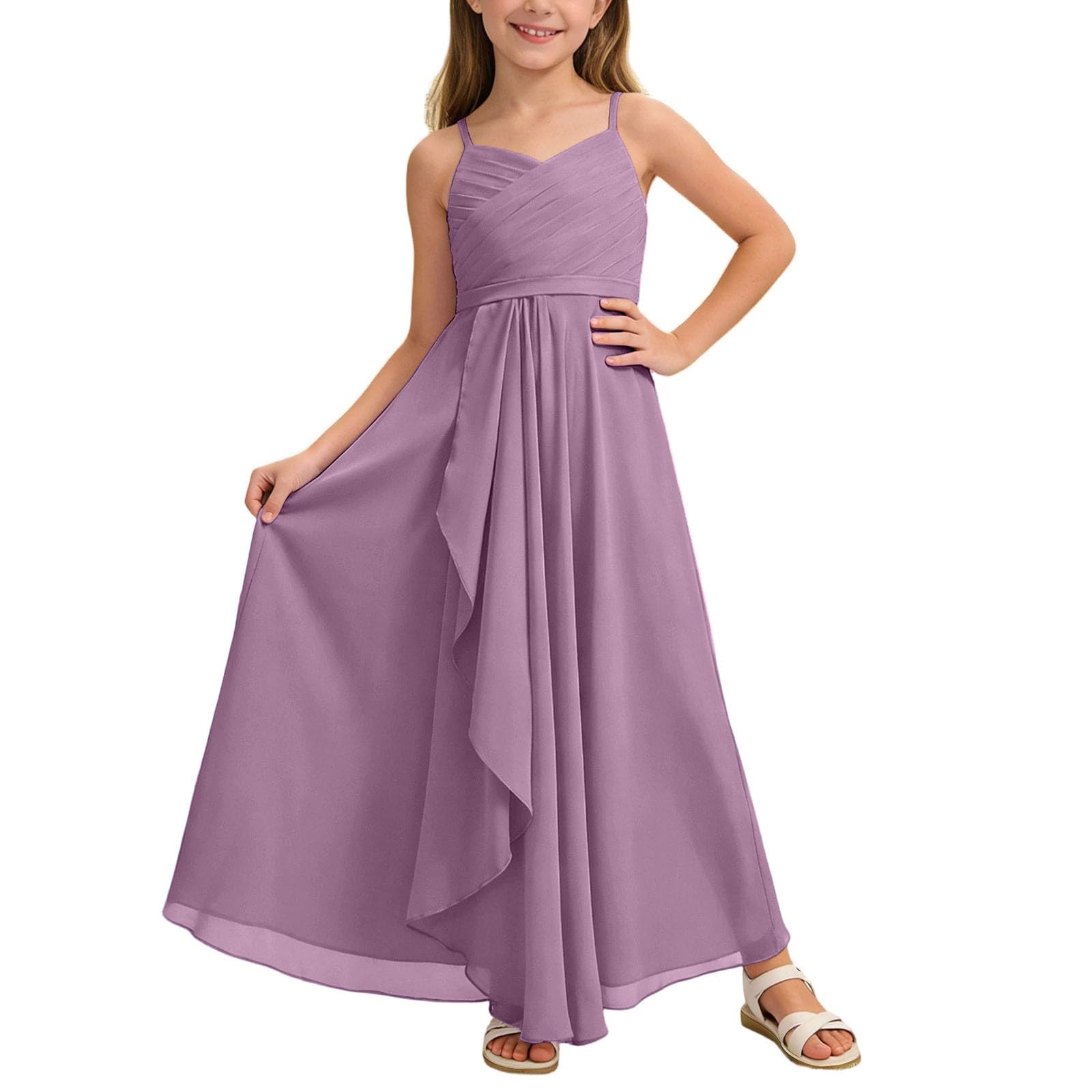 Abito lungo da bambina, linea ad A, in chiffon, per damigelle d'onore, matrimoni, feste, con spalline, estivo, arioso, comodo
