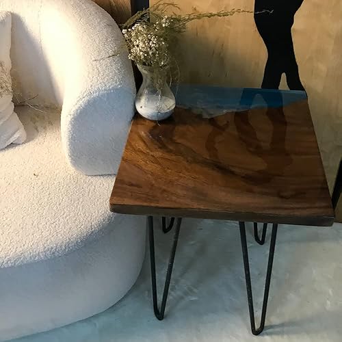 Miniatura 2 de Mesa de epoxi transparente, mesa de sofá con forma cuadrada, mesa auxiliar de resina de madera, mesa de centro de madera con borde natural para sala
