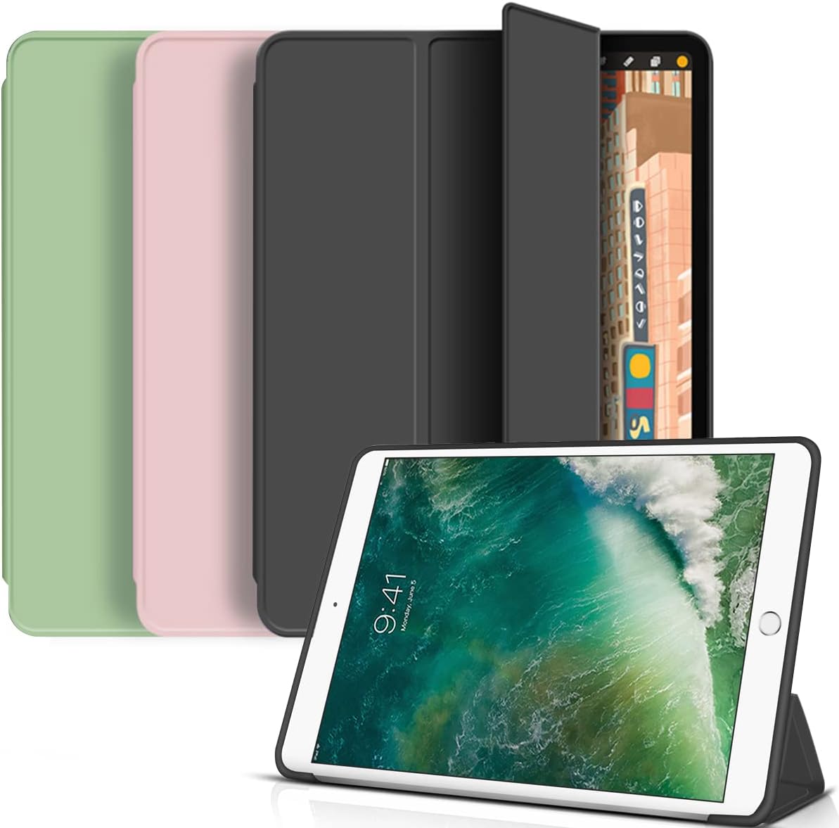 KenKe Case for iPad 6th Gen 2018 / iPad 5th Gen 2017 9.7 inch, Black | Lightweight Soft TPU Back Smart Cover Trifold Stand, Support Auto Sleep/Wake, Shockproof, Model A1822/A1823/A1893/A1954
