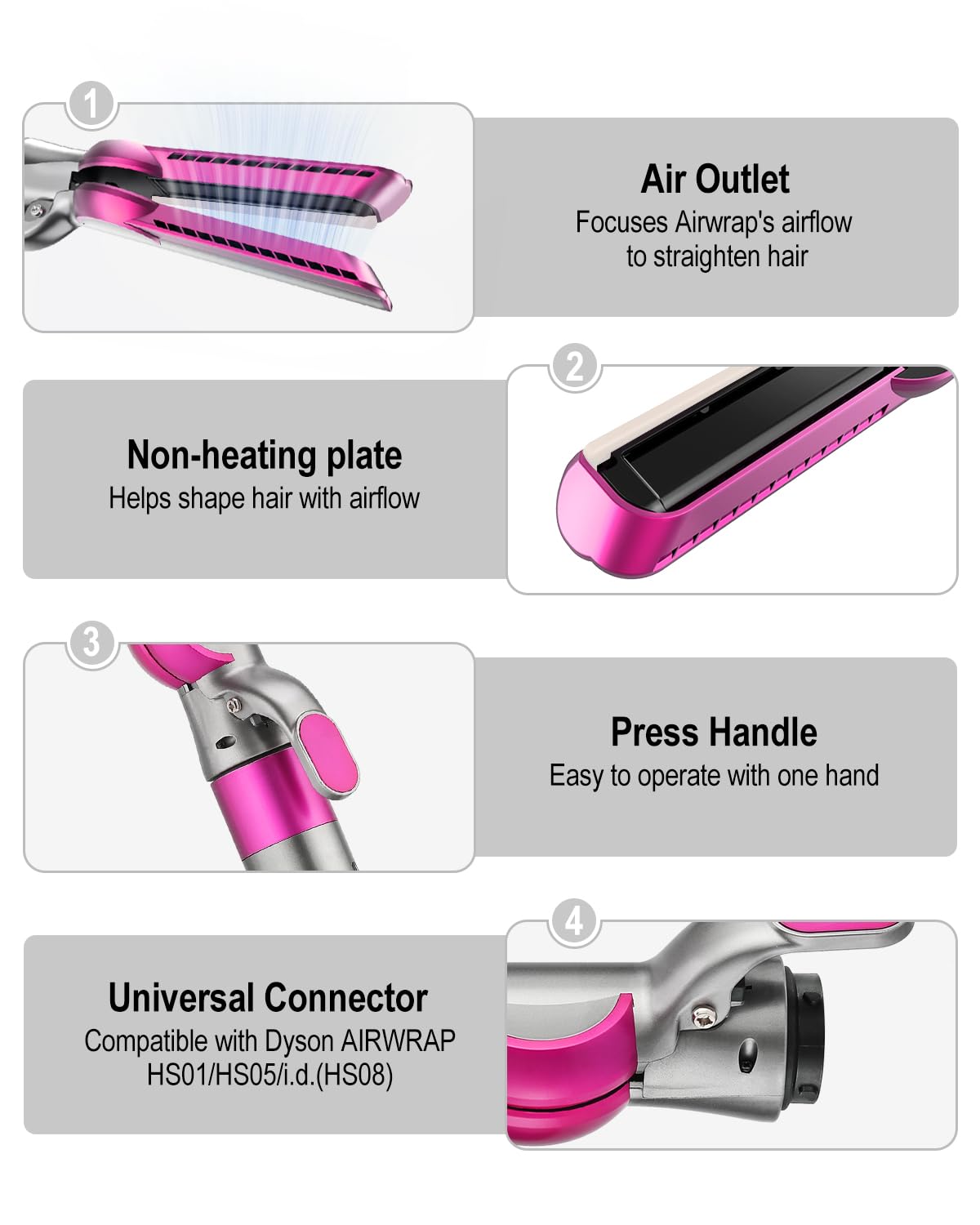 Airflow attachment compatible with Dyson Airwrap Multi-Styler, No heat damage for Natural Straight Styling, fits HS01 HS05 i.d. Fuchsia