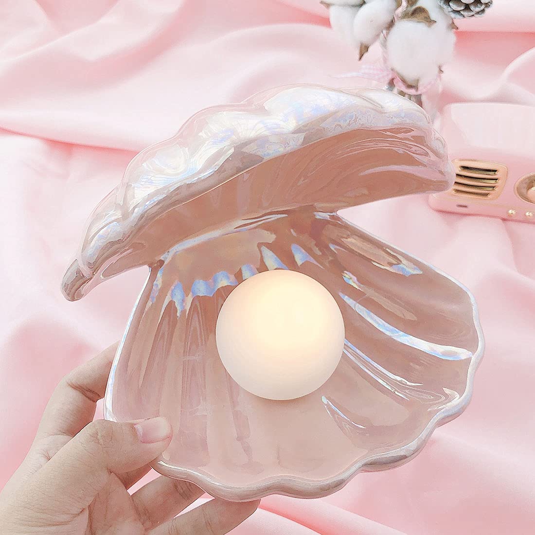 Shell Pearl Light, ceramiczna lampa na biurko, ornament, stolik nocny, dekoracyjna lampa na baterie, do spania, lampka nocna do domu, pokoju dziecięcego, sypialni, dekoracja (kolor biały)