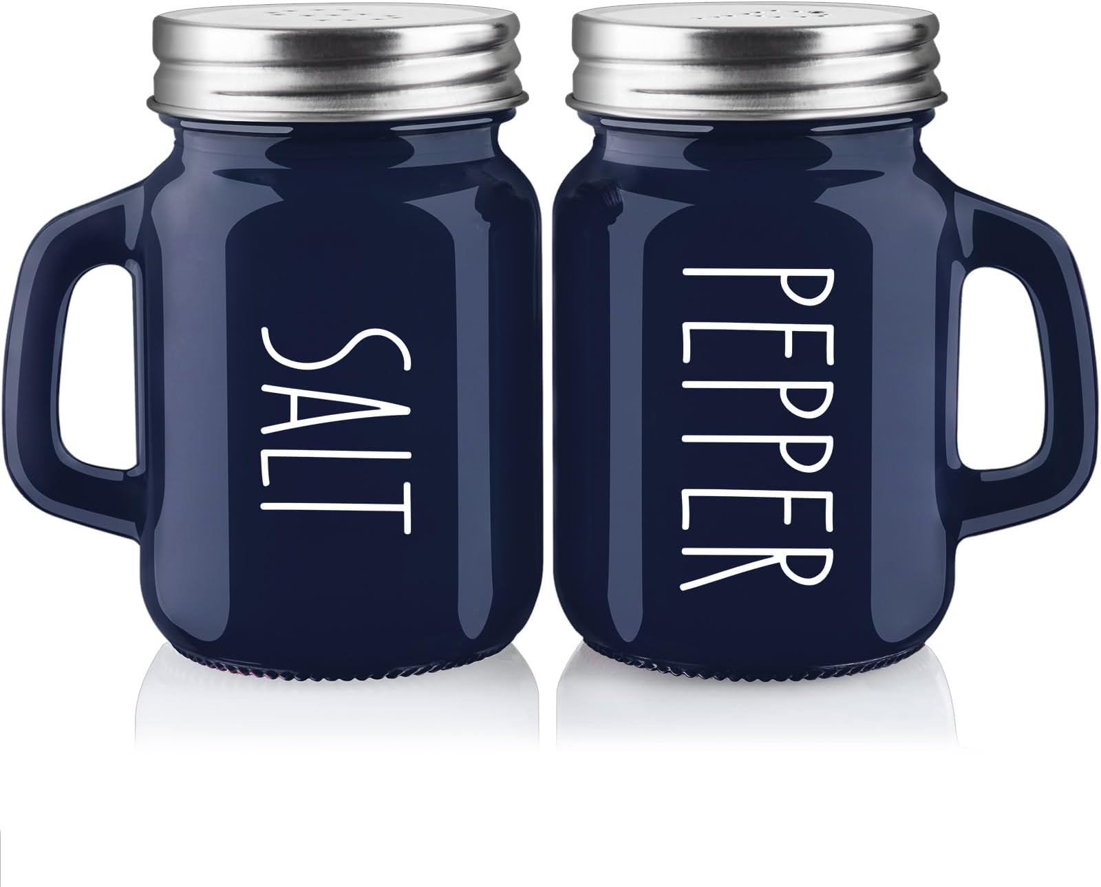 Navy Blue Salt and Pepper Shakers Set, 4 oz Cute Modern Glass Shaker Sets with Stainless Steel Lids, Blue Kitchen Decor and Accessories for Home Restaurants Weddings