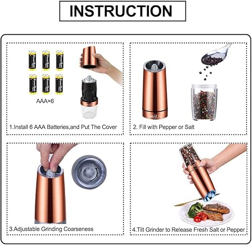 Gravity Salt And Pepper Grinder Set, Ceramic Rotor, Stainless Steel,Blue Led Light,Battery Powered, Adjustable Coarseness, Support One Hand Use, Ideal Partner For Kitchens, Copper, By Rongyuxuan #TOP4