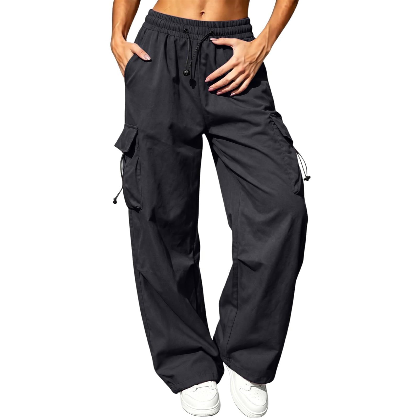 Women Lightweight Cargo Pants Wide Leg High Waisted Pants with Pockets