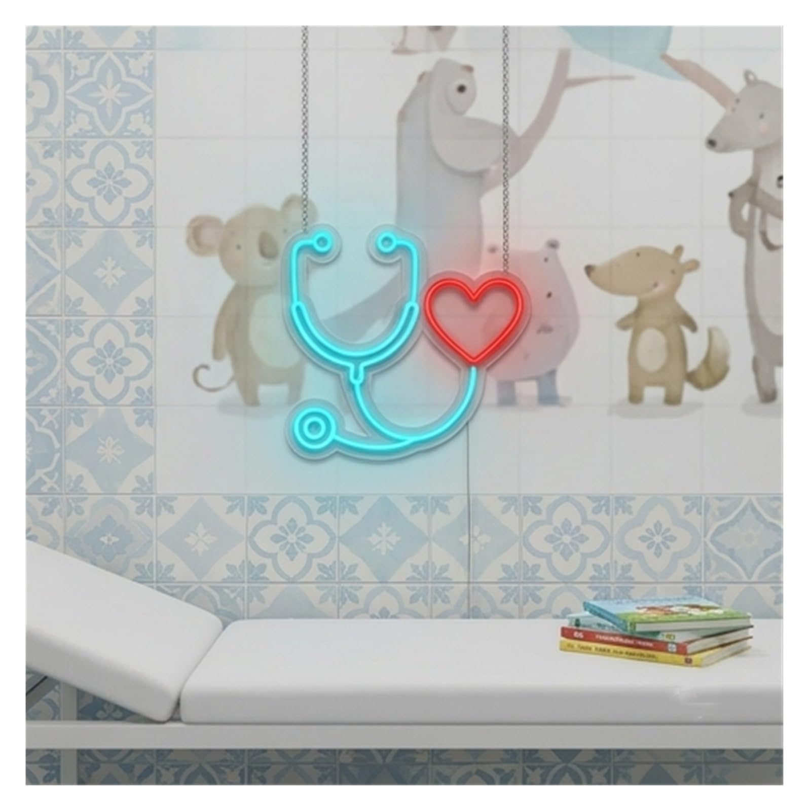 Wiszące neony artystyczne Neon Stetoskop, Lampa, Dekoracja Apteki, Szpitala, Kliniki, Gabinetu Lekarskiego, Pediatry 40x38.7cm