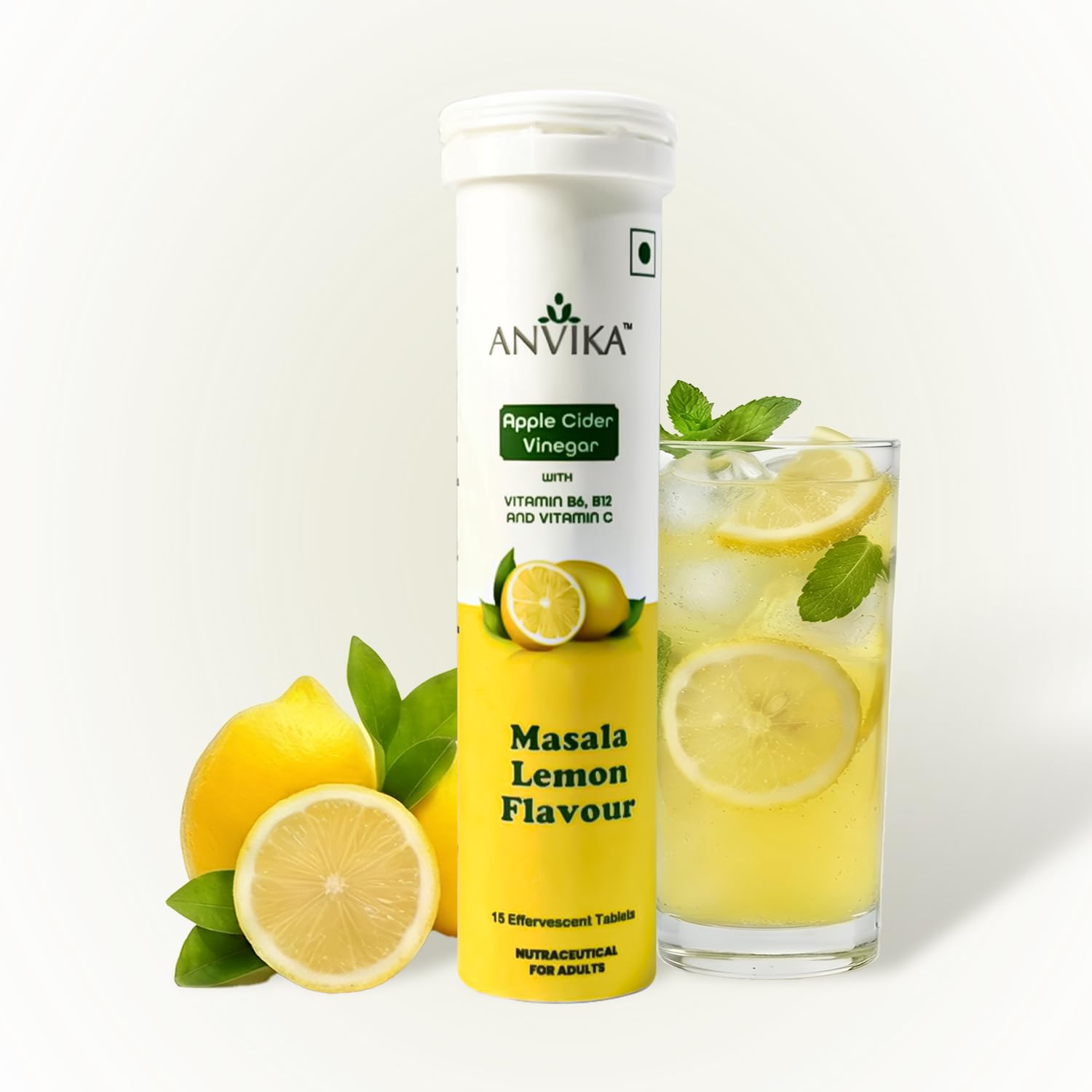 ACV Apple Cider Vinegar Tablets | Masala Lemon Flavour | With Vitamin B6, B12, C | No Maltodextrin & No Added Sugar | 15 ACV Effervescent Tablets.