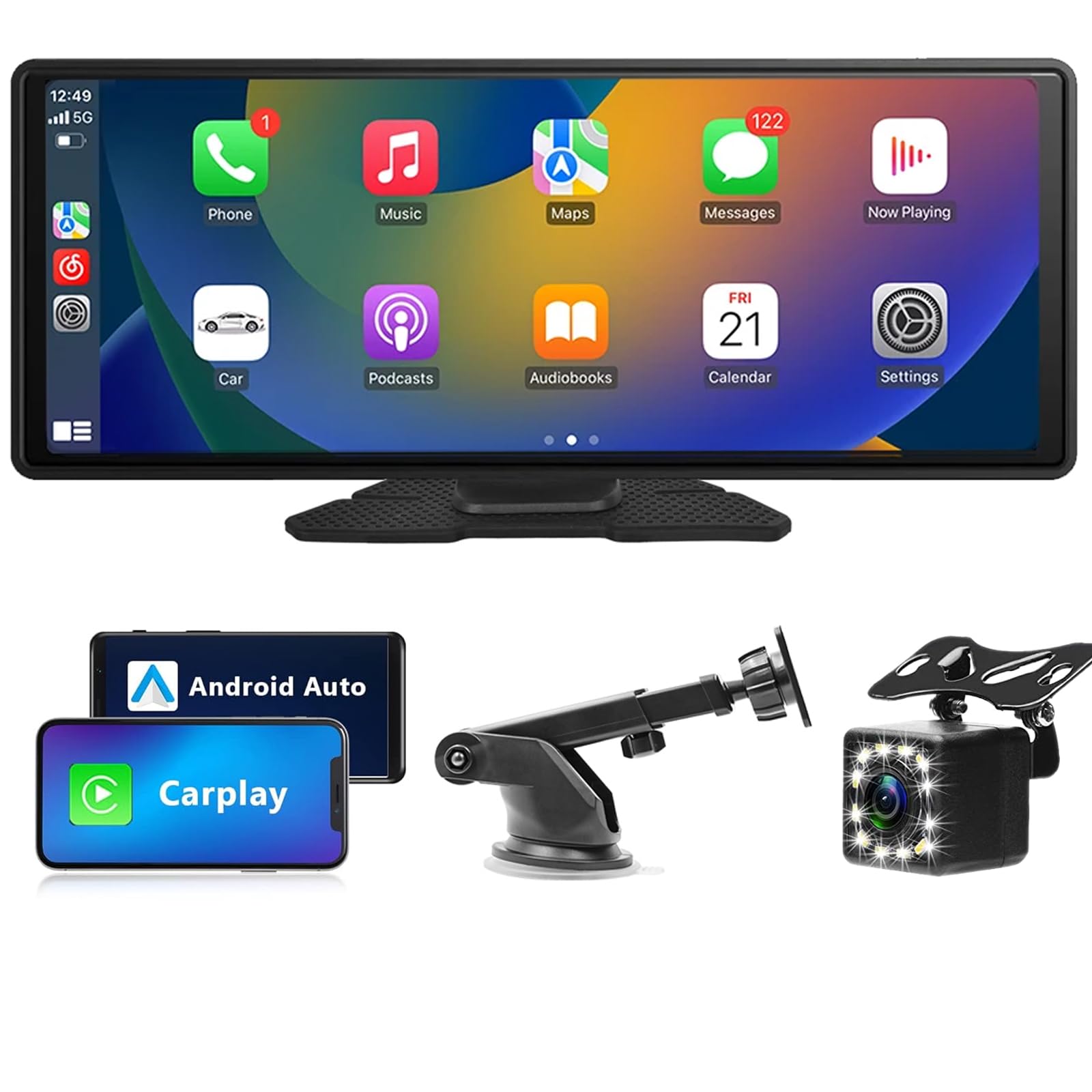 Autoradio portatile wireless Carplay,monitor portatile per auto touchscreen HD da 10,26" Wireless Android Auto con telecamera di backup Siri Mirror link Trasmettitore FM Bluetooth 9V-36V