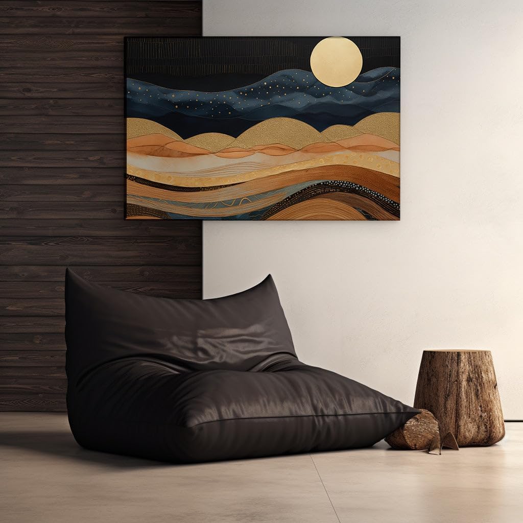 Canvas for Living Room. Whispers of Midnight Gold: Unveiling The Serenity of an Abstract Nocturnal Masterpiece, 27 x 18 inch Canvas Wall Art - Contemporary Masterpieces - Modern Home Decor