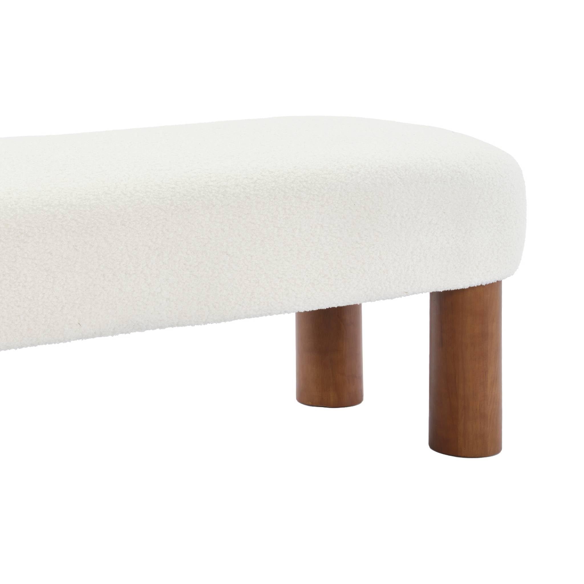 sweeek Panca in Legno di Gomma e Tessuto Bouclé, Fujo, Bianco, 121x45x45 cm