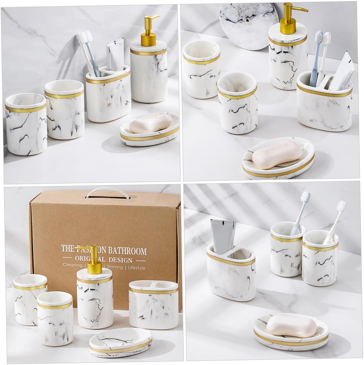 5 Pcs Marbling Bath Accessories Set Elegant Resin Bathroom Accessory Kit with Non Slip Base for Liquid Pump Bottles Brushing Cups for Daily Use and Stylish Decor