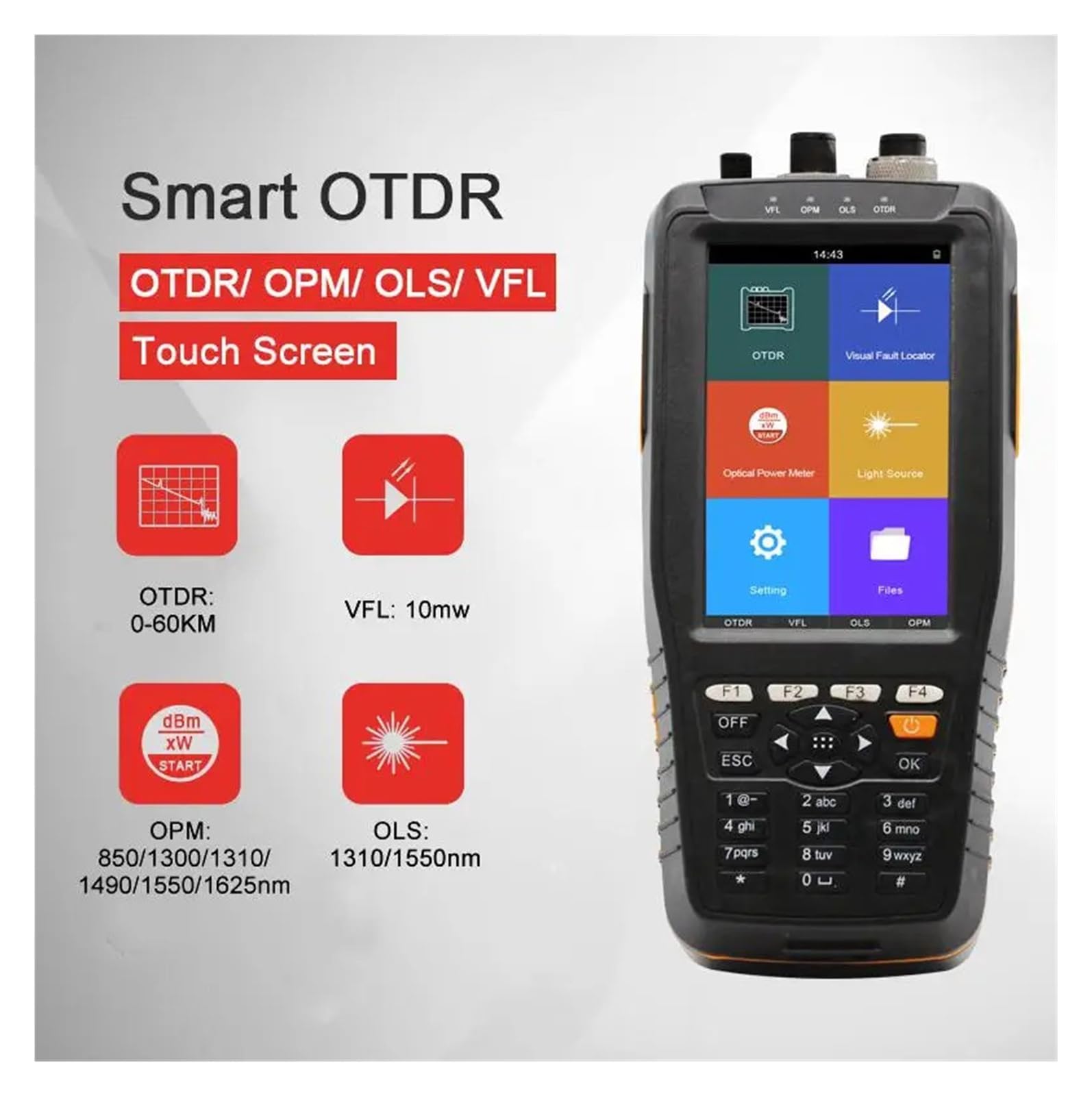 Compteur de puissance de Fiber OTDR 1310 1550 1610NM avec écran tactile de réflectomètre optique de domaine temporel VFL/OPM/OLS(Without Touch Screen)