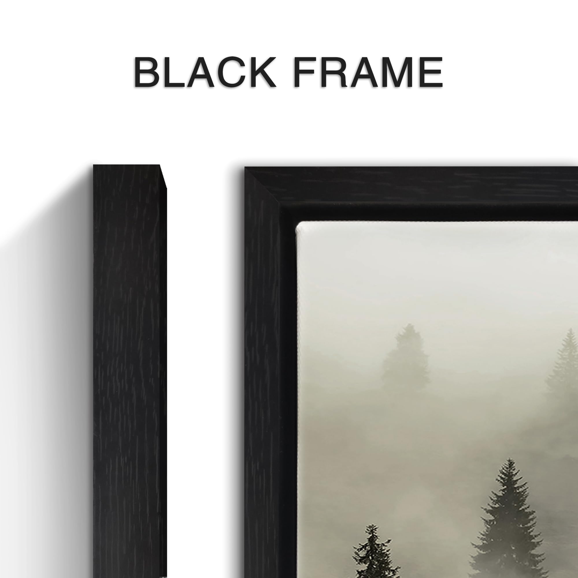 Cuadro de bosque enmarcado para pared, diseño de paisaje brumoso impreso en lienzo con marco negro para sala de estar (48 pulgadas de ancho x 24 pulgadas de alto, varios tamaños) 2
