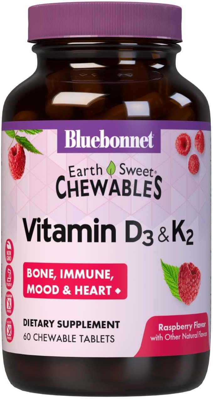 Nutrition Vitamin D3 & K2 EarthSweet Chewable Tablets, for Immune, Mood & Heart Health*, Soy-Free, Gluten-Free, Non-GMO, Kosher Dairy, 60 Raspberry Flavor Chewable Tablets, 60 Servings