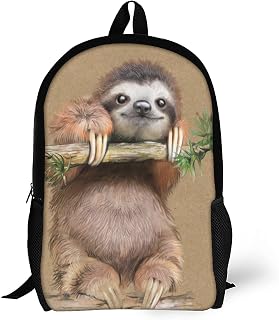 Sloth Backpacks Cartoon Lovely Sloth Hanging on Branch on Brown Shoulder Student Bookbag Laptop Backpack Travel Hiking Camping Daypack for Teens Women Men with Side Pockets