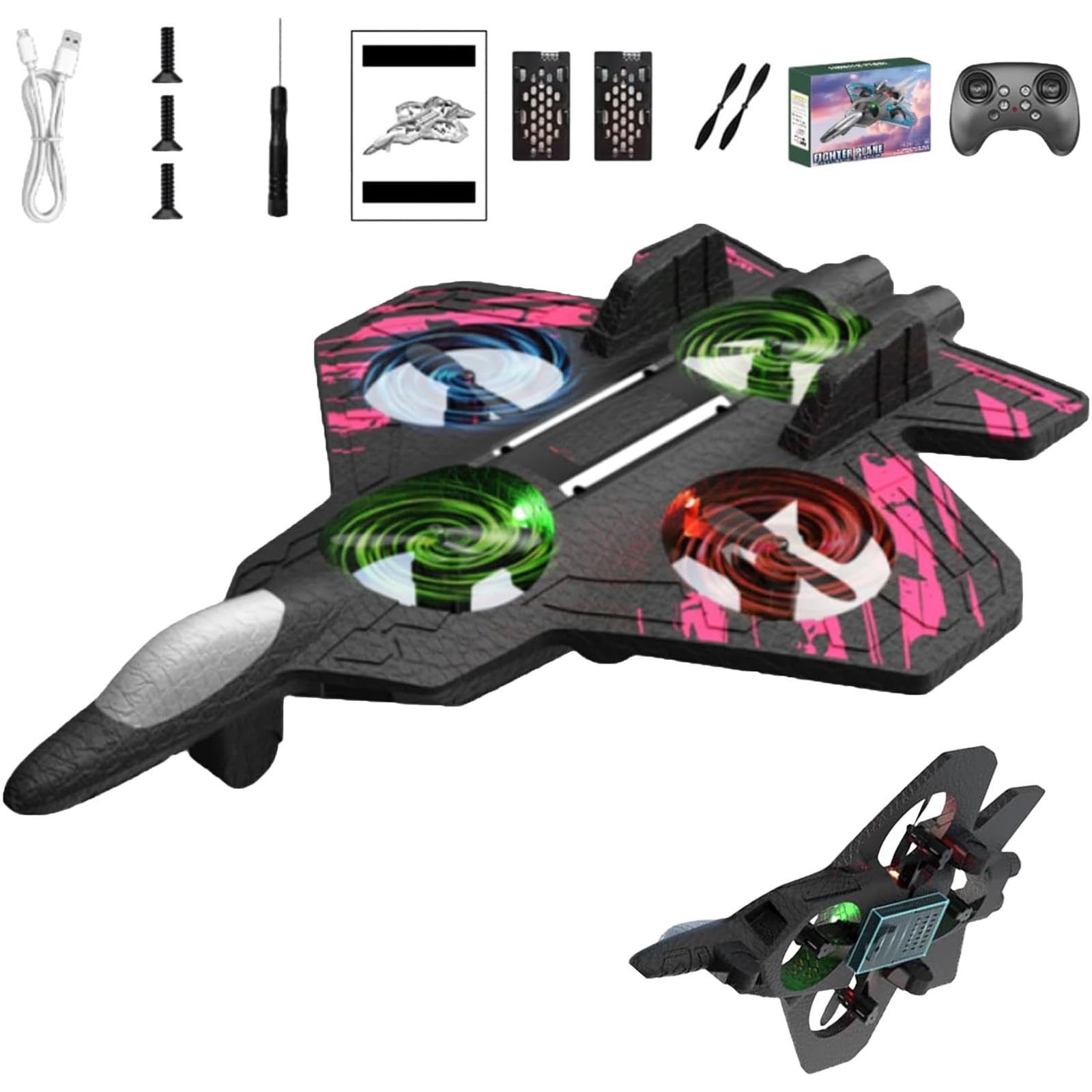 Jet With 360° Flips & Led Lights, Christmas Remote Control Helicopter, Foam Remote Control Airplane (Pink + 2 Battery)