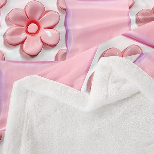 Miniatura 4 de Pink Floral Flannel Blanket,3D Vivid Flower Throw Blanket,Splicing Geometric Girds Fuzzy Blanket for Sofa Bed Living Room Decor,Girls Women Romantic