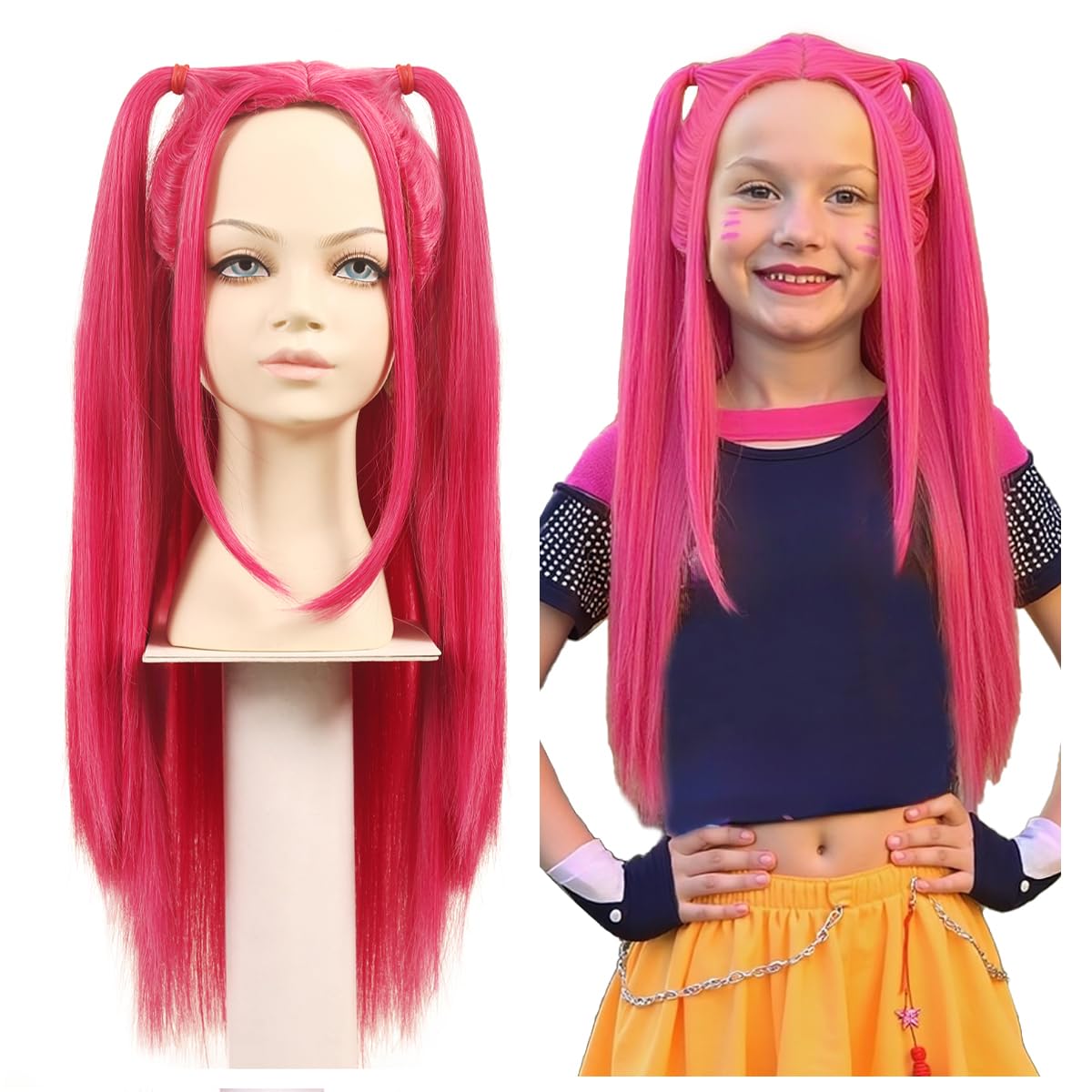 ColorGround Long Straight Hot Pink Cosplay Wig with 2 Ponytails for Halloween Party Costume (Hot Pink)