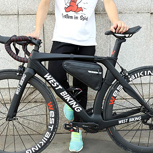Bike Frame Bag, Waterproof Front Tube Triangle Pack Mountain Road Bicycle Storage Pouch, Bike Handlebar Bag with Reflective Strip for Cell Phone, Wallet, Repair Tool, Cycling Accessories (Black, 3L)