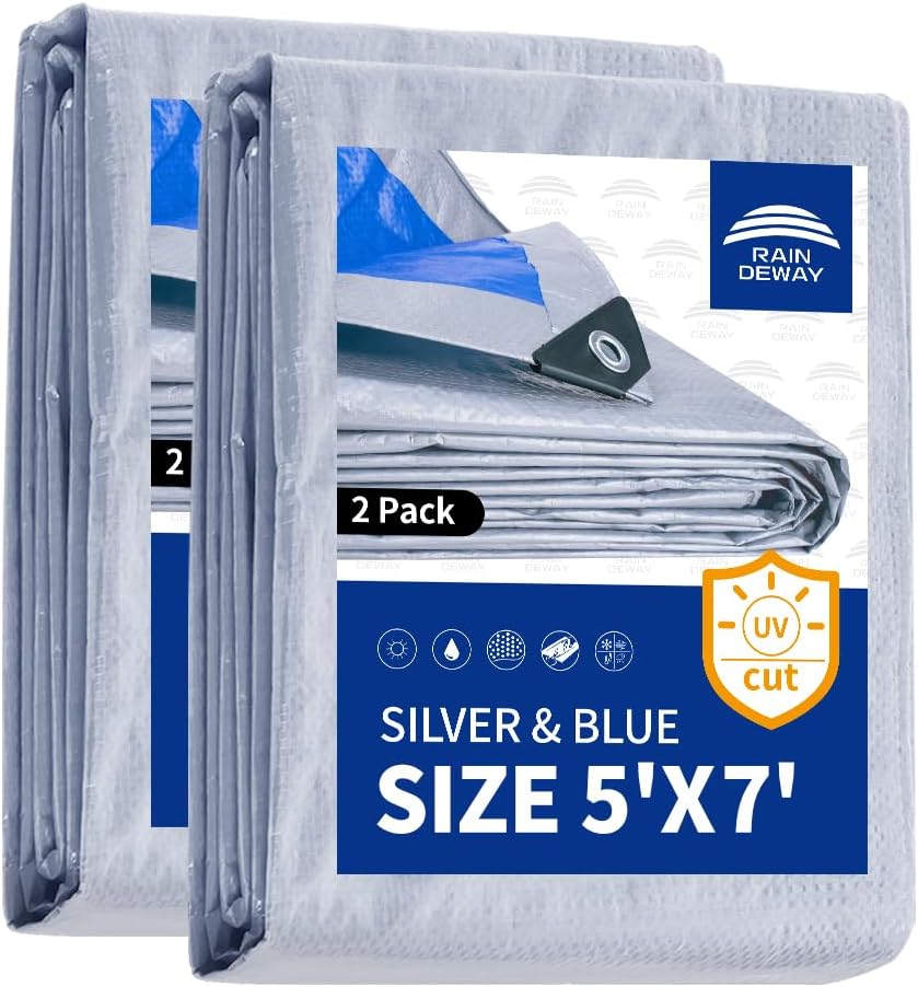Small Tarps 5x7 Feet 2 Pack, 5.5 Mil Thick, Multipurpose Waterproof Poly Tarp Cover with Metal Grommets and Reinforced Edges, Silver/Blue Tarp