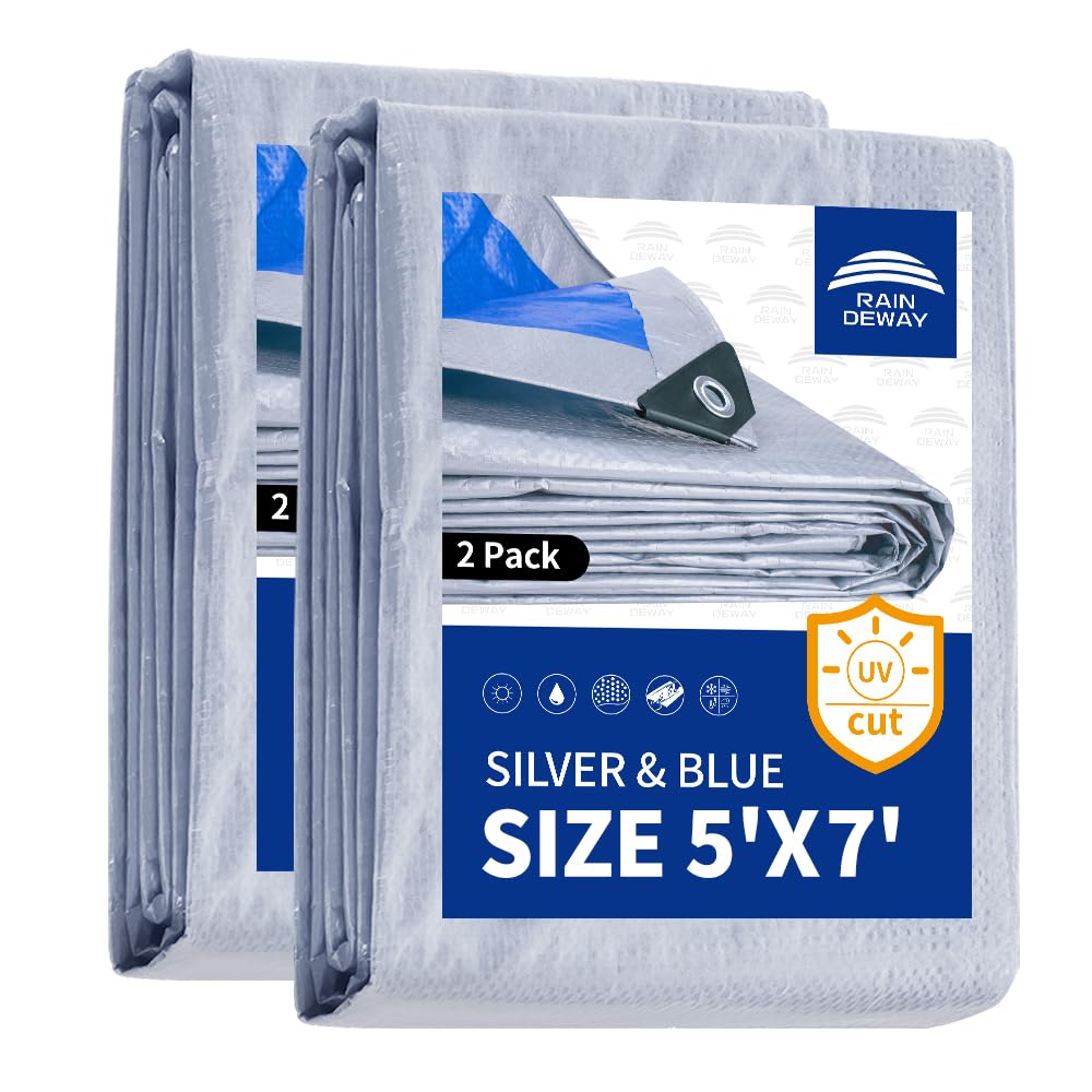 Small Tarps 5x7 Feet 2 Pack, 5.5 Mil Thick, Multipurpose Waterproof Poly Tarp Cover with Metal Grommets and Reinforced Edges, Silver/Blue Tarp