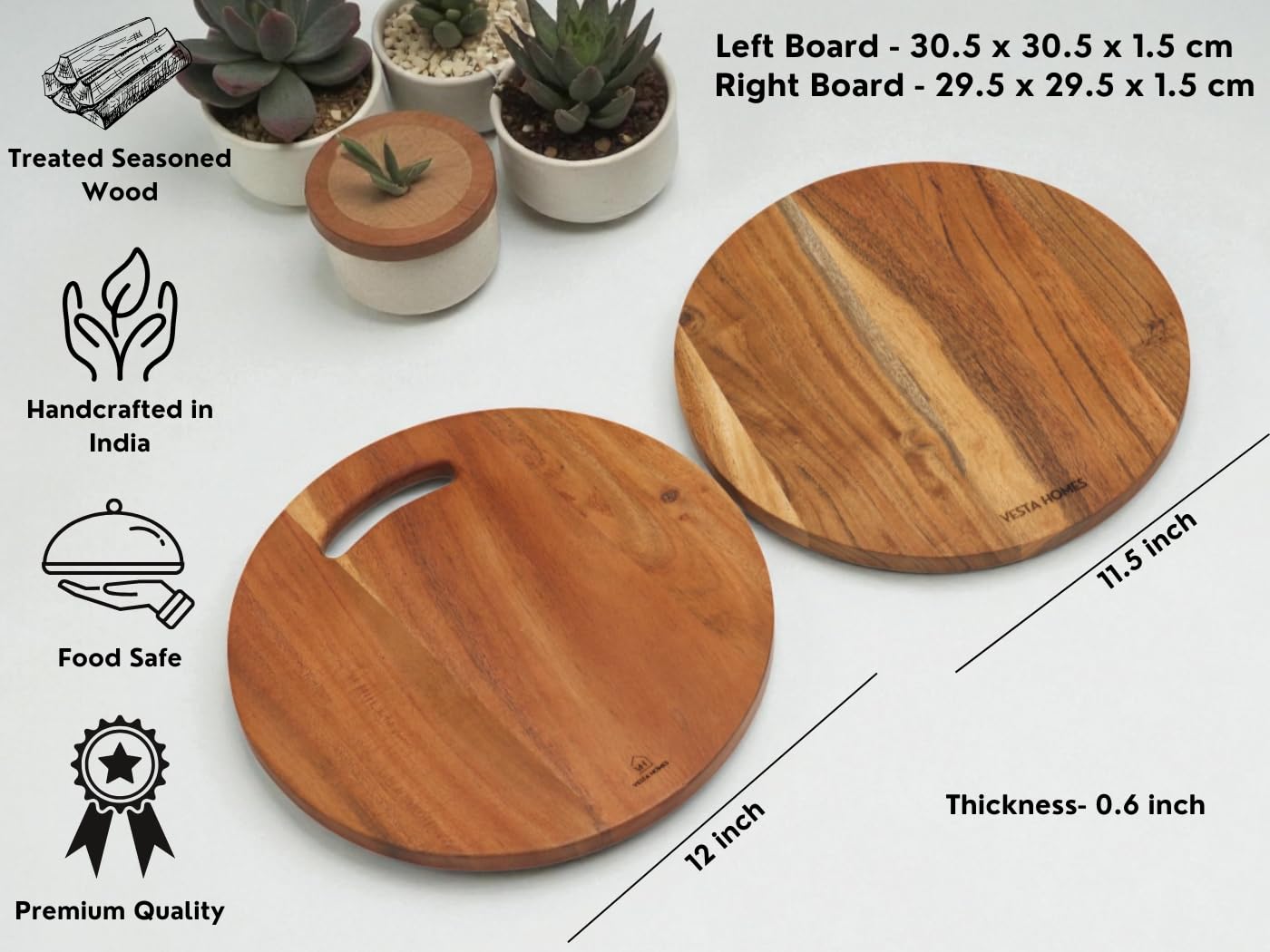 Vesta Homes Tablas de cortar redondas para cocina, juego de 2 tablas de cortar de madera grandes, tabla de embutidos de acacia, tabla de servir para frutas, verduras y queso, 12 x 12 pulgadas, 11.6 x