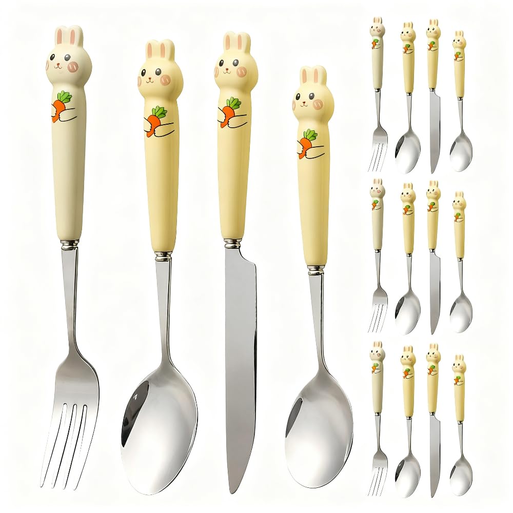 Carino Cartone Animato Ceramica Manico Cucina Acciaio Inox Argenteria Stoviglie Posate Set Bistecca Coltello Forchetta Cucchiaio Cucchiaino