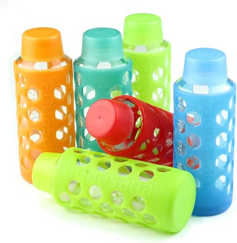 Paquete de botellas de agua de vidrio Aquasana fundas de silicona arcoíris con tapas a juego botellas de agua de vidrio de 18 onzas paquete de 6