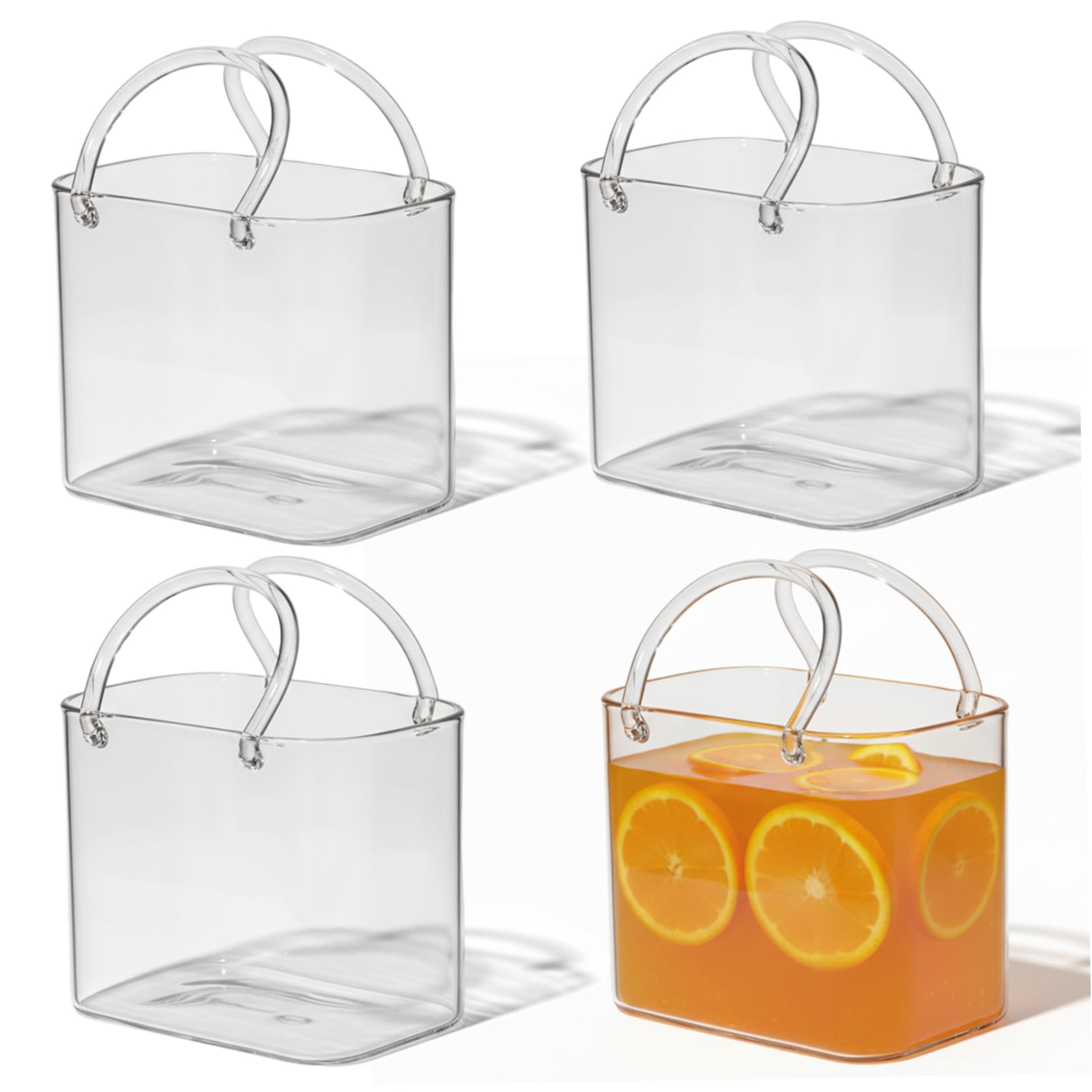 Glasgeldbörse für Getränke, 770 ml, einzigartige Trinkgläser, Handtaschen-Design, Cocktailbecher für Saft, klares Borosilikat, 4 Stück