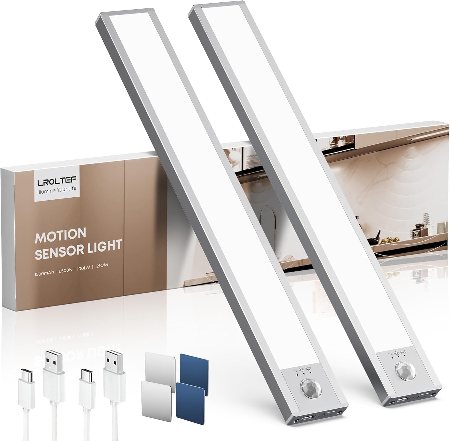 LROLTEF Luce LED Sottopensile Cucina 6500K 21CM Sensore di Movimento per Luci 1500mAh 32 LED Luce Armadio Lampada Dimmerabile per Cucina Scale Soggiorno Bagno Camere da Letto | 2 Pezzi Argento