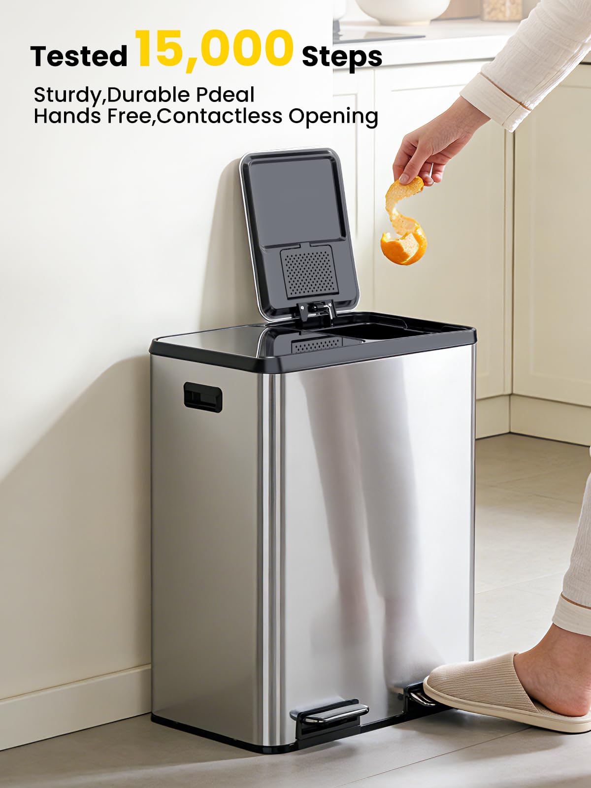 YEAUPE PRO Poubelle Cuisine 60L à Pédale, 2x30L Poubelle Tri Sélectif Double Compartiment Inox, Soft Close Silencieux, Bacs Amovibles, Anti-Odeurs, Grande Poubelle Recyclage avec 15 Sacs