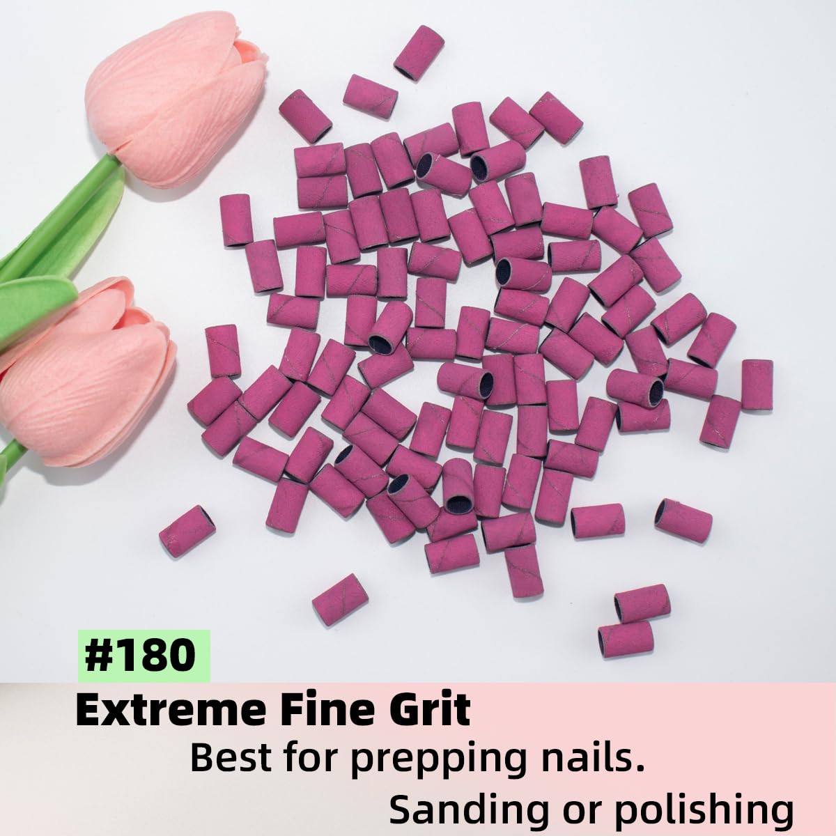 100 unidades (grano 180 rosa) Brocas de lijado para uñas con 0.3 pulgadas de diámetro, brocas de grano fino extremo, brocas de mandril de mejora de banda de lijado, broca profesional para uñas