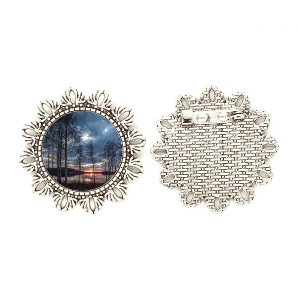 Broche de gancho de plata con paisaje de árboles del lago y flor elegante 4