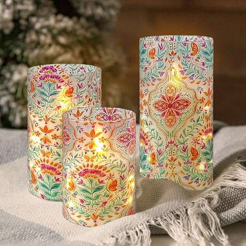 Image of Printed Flameless Candles with String Lights - Set of 3 Colorful Battery Operated Candle Flickering Floral LED Pillar Candles with Timer Remote for Home Decor Romantic Ambiance,BFLY