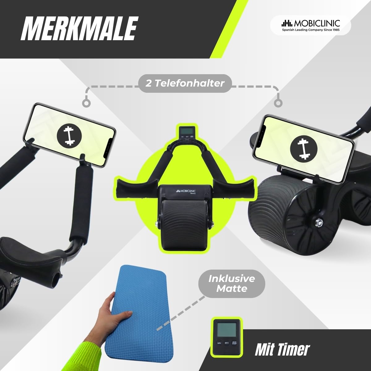 Mobiclinic®, Bauchroller mit rückholfeder, Ab roller, Ellbogenstütze, Digitaler timer, Antirutschmatte, Doppelrad, Handyhalter, Ra-02, Home gym, Fitness