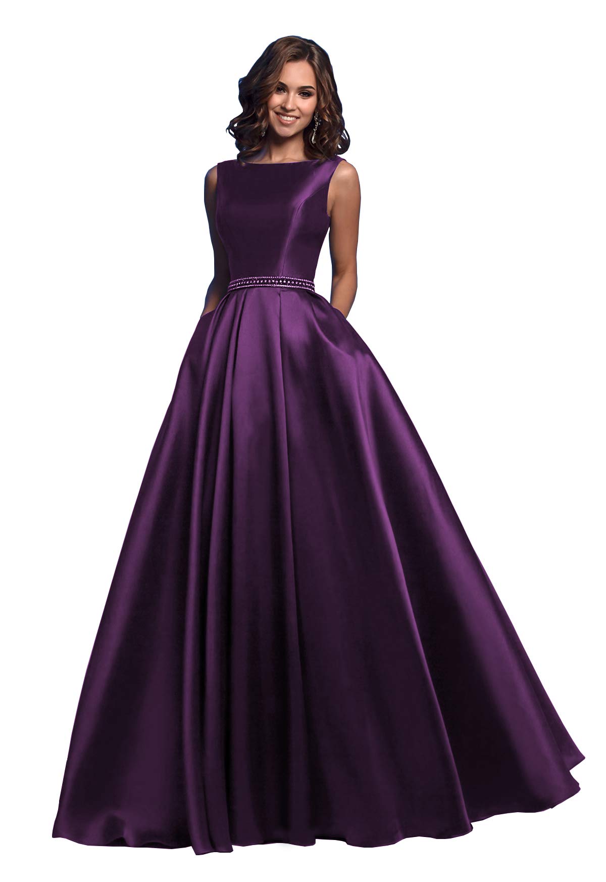 OFEECHUN Women's A Line Satin Prom Dresses Long Ball Gown Ruched Beaded Evening Formal Party Dress with Pockets