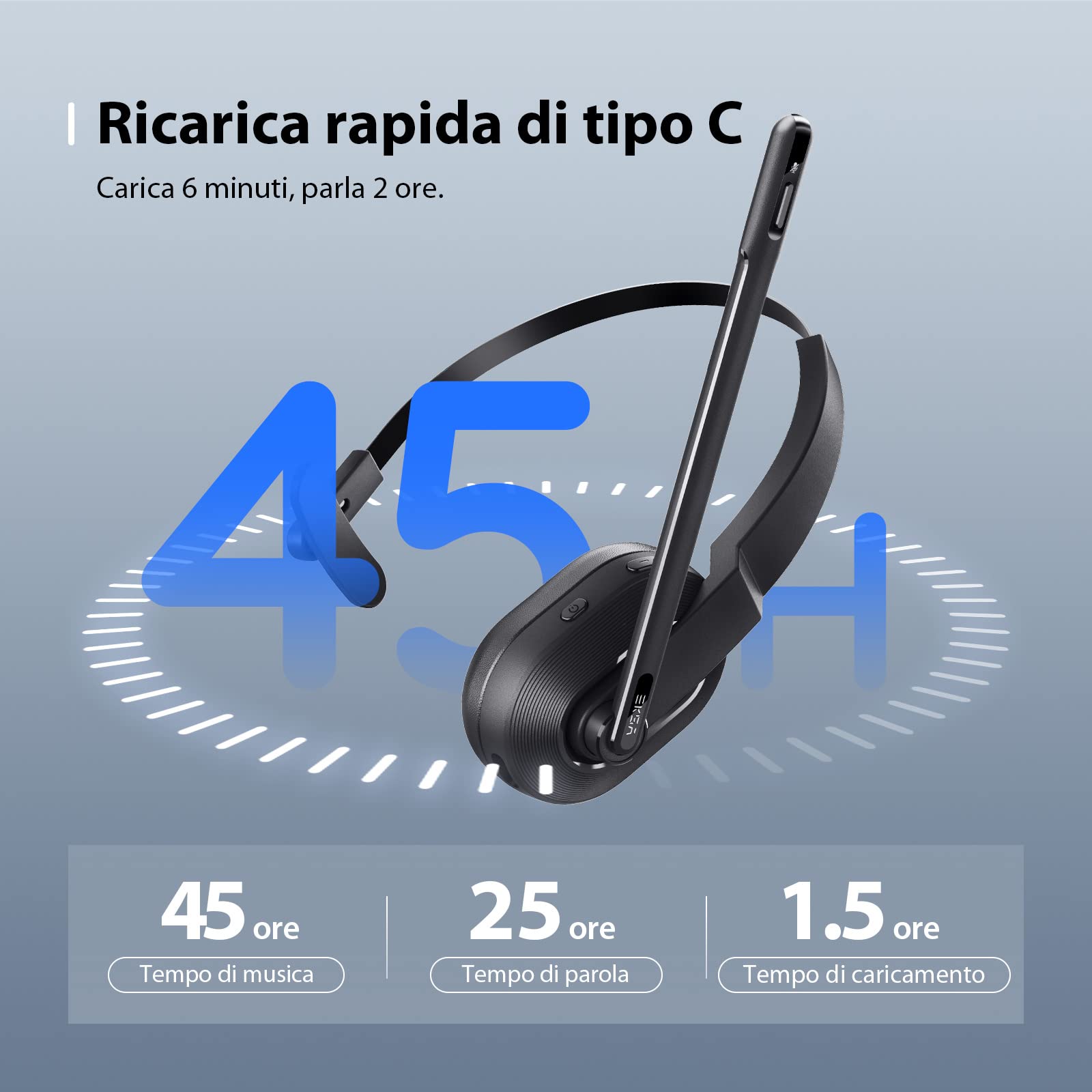 EKSA H5 Cuffie Bluetooth con Microfono e Cancellazione Del Rumore Esterno & Dongle USB [Fino a 45 Ore di Riproduzione & 10 Metri di Portata], Cuffie con Microfono senza Filo per PC, Computer, Ufficio