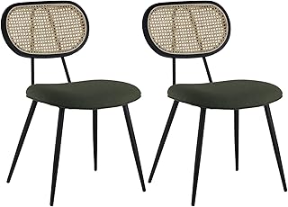 Happy Garden Chaise de Salle à Manger Vintage Elena en cannage et Tissu Boucle Vert Kaki, Pieds en métal Noir