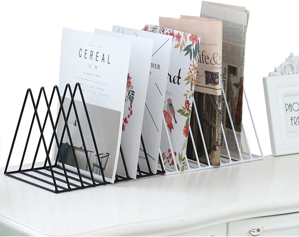 9 Slot Magazine Holder Rack,Desktop File Sorter Book Rack Organizer,Iron Black Newspaper Holder,Triangle Bookshelf Decor Home Office