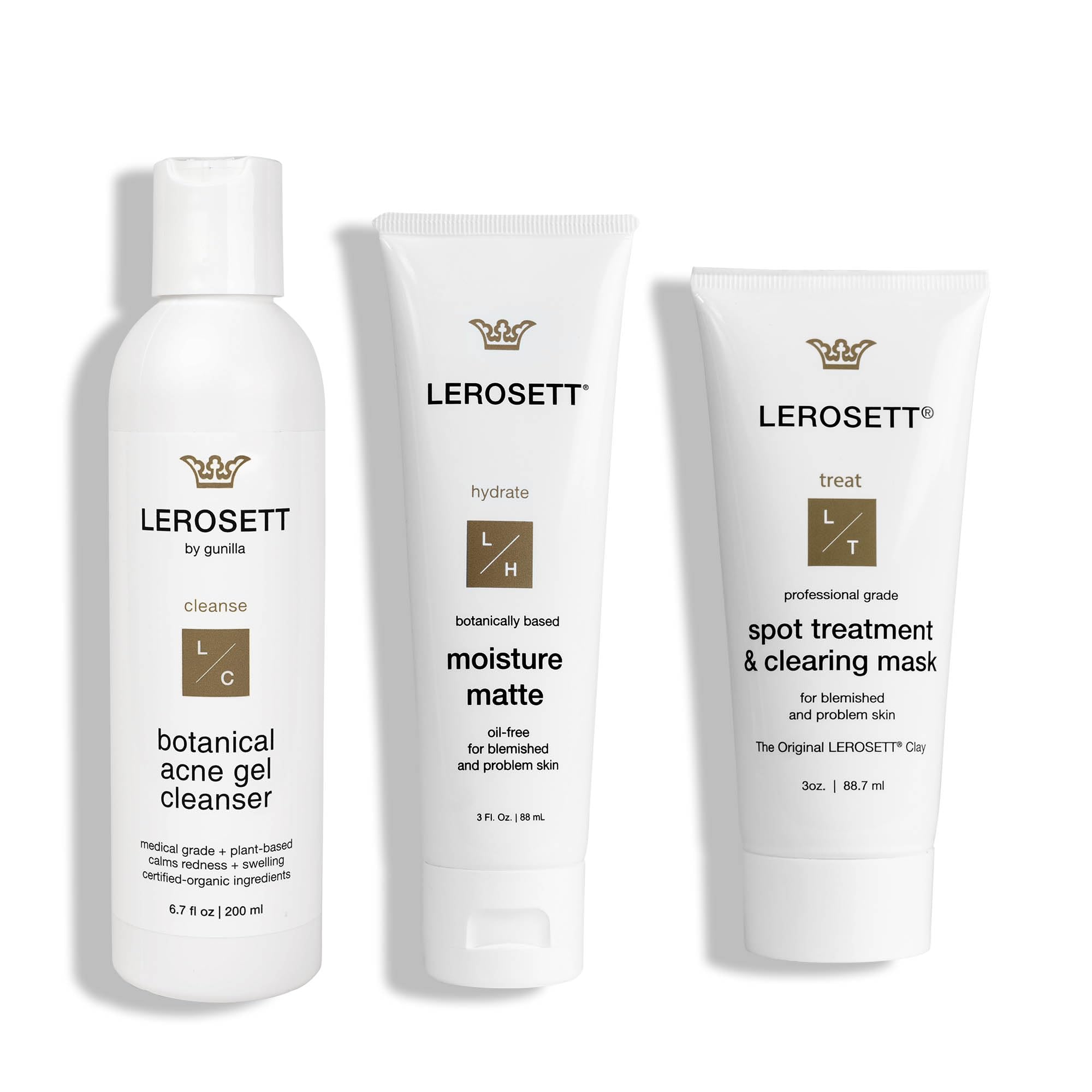 LEROSETT Acne Kit Includes Cleanser Moisturizer & Spot Treatment Mask Organic Calming Aloe & Clay Based, Clears Acne, Pimples, Blackheads & Breakouts,