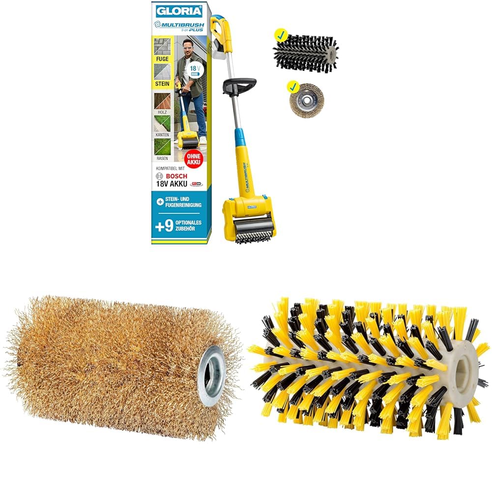 GLORIA MultiBrush li-on – Stein- & Holzreinigungs-Set | Akku Terrassenreiniger & Fugenbürste für Einfahrt, Garten, WPC, Holz- & Steinflächen | Kompatibel mit BOSCH 18V Akku (nicht enthalten)