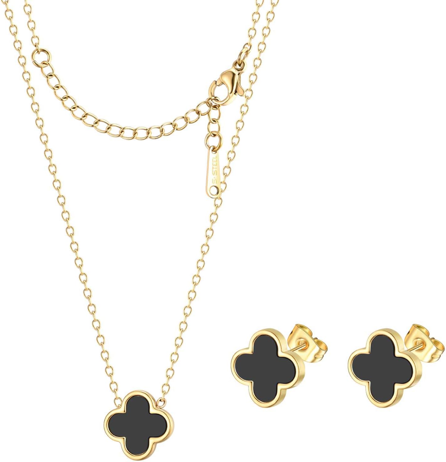 Clover Necklace and Stud Earrings Jewelry Set White Black Red Clover Pendant Necklace 18k Gold Plated Four Leaf Clover Necklace Earrings Set Gifts for Women
