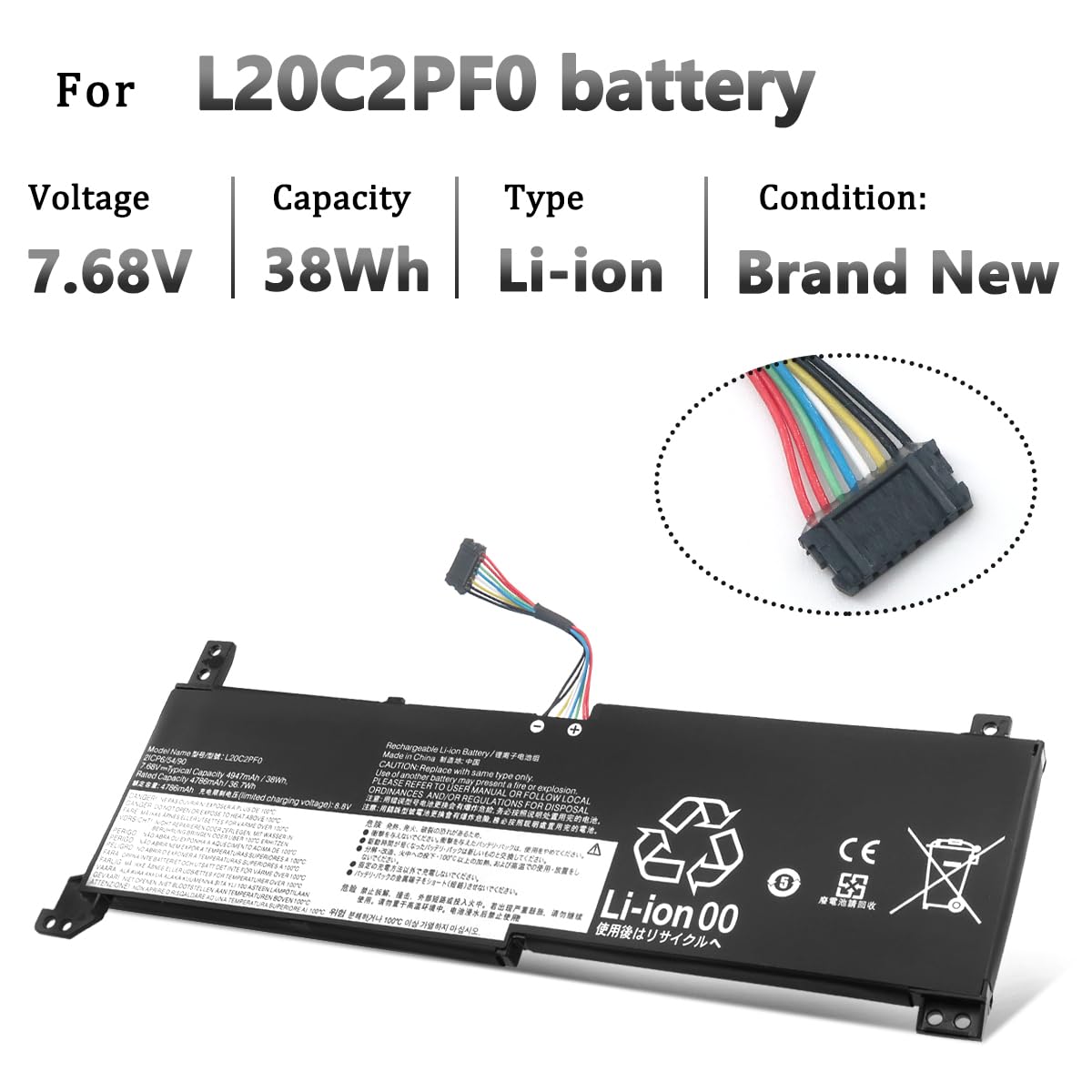 38Wh L20M2PF0 L20C2PF0 L20L2PF0 Batteria per Lenovo IdeaPad 3-14ADA6 3-14ALC6 3-14ITL6 3-15ALC6 3-15ITL6 3-17ADA6 3-17ITL6 / S14 V14 V15 V17 G2-ITL G3-IAP / K14 Series L20L3PF0 L20B2PF0