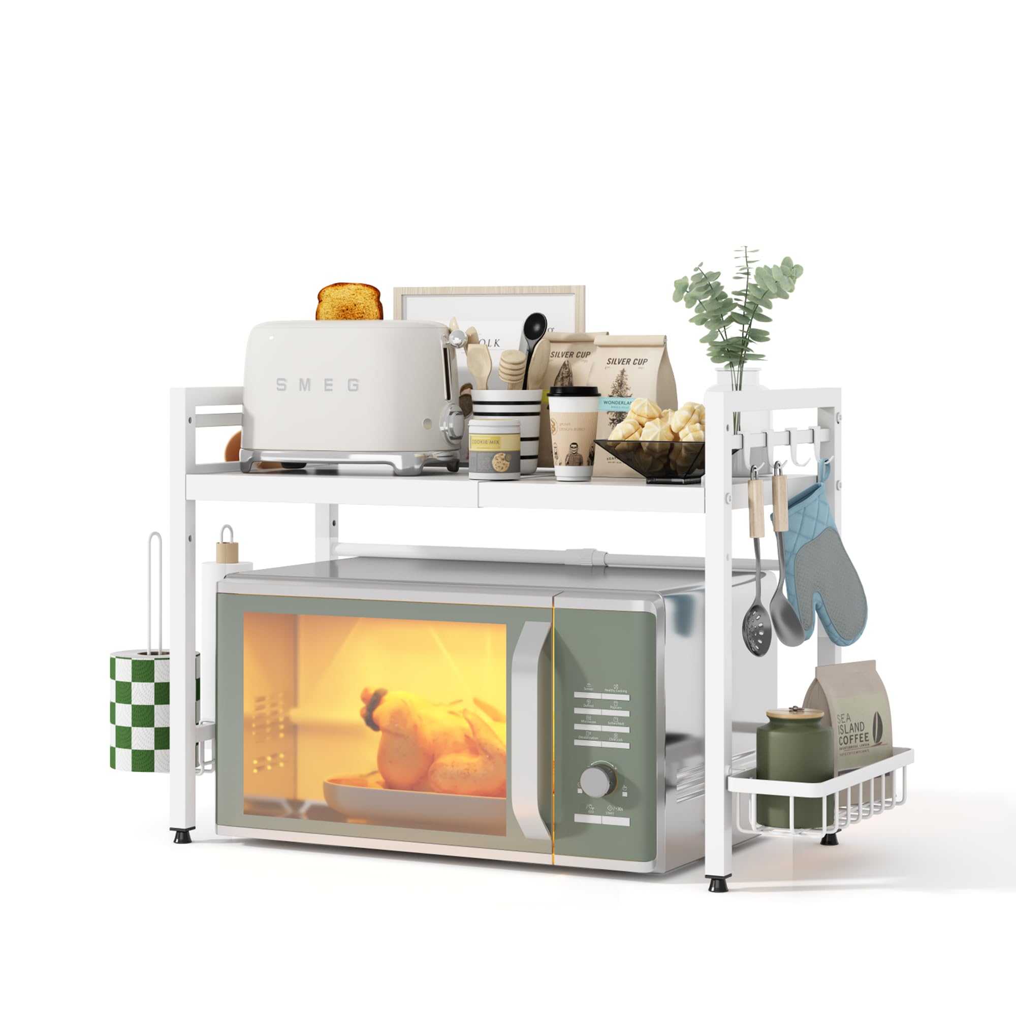 NETEL Expandable Microwave Shelf,2-Tier Microwave Stand with spice basket and kitchen roll holder,Microwave Oven Rack with 8 Hooks,Bakers Rack,Kitchen Countertop Organiser,white — image 1